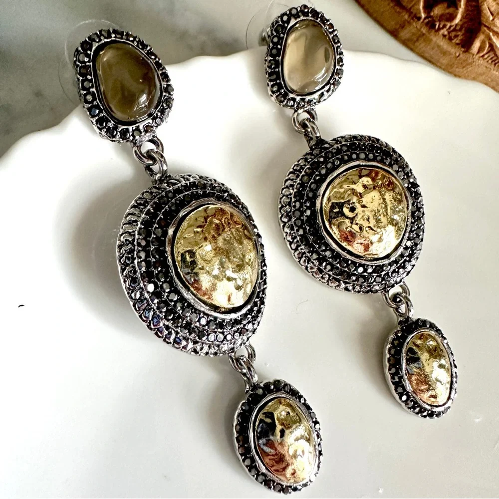 2/$30🌵 Antiqued Silver & Gold Neutral Stone Earrings Hammered Bohemian Gift NEW